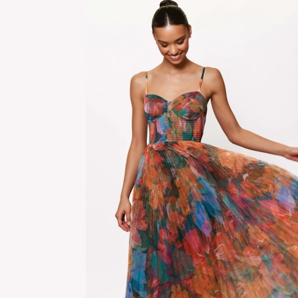 Hutch Anthropologie Brianna Watercolor Pleated Maxi Dress Orange Blue Tulle NWT - Picture 2 of 6